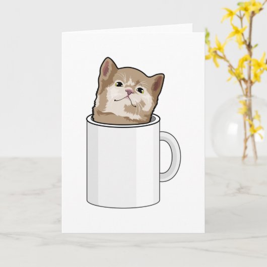 Carte Chat avec tasse à café (Fleur jaune)