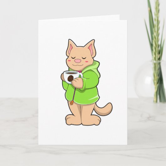 Carte Chat avec tasse de café et pyjama (Devant)