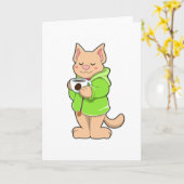 Carte Chat avec tasse de café et pyjama (Fleur jaune)