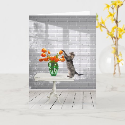 Carte Chat avec Tulipes Orange Anniversaire (Fleur jaune)