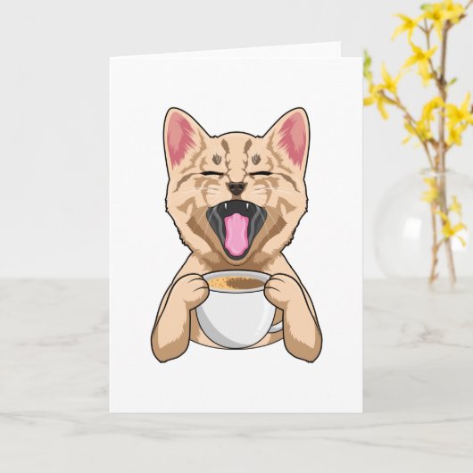 Carte Chat avec une tasse de café (Fleur jaune)