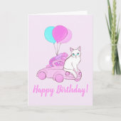 Carte Chat avec voiture rose et ballons (Devant)