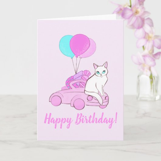 Carte Chat avec voiture rose et ballons (Orchidée)