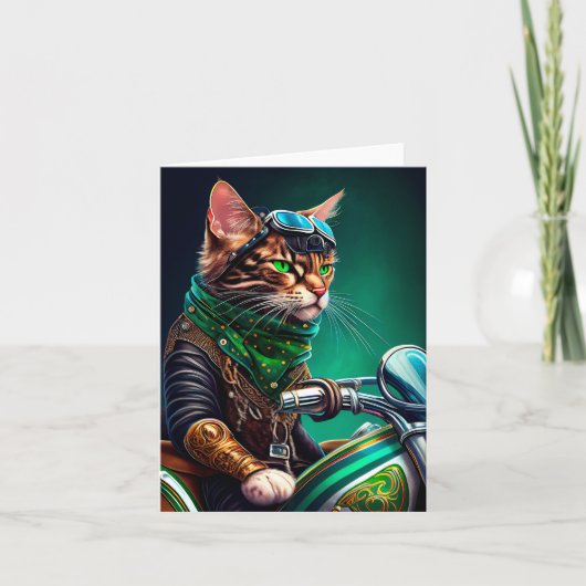 Carte Chat Bengal conduisant un vélo la Saint-Patrick (Devant)
