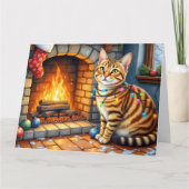 Carte Chat Bengal devant une cheminée avec des lumières (Devant)