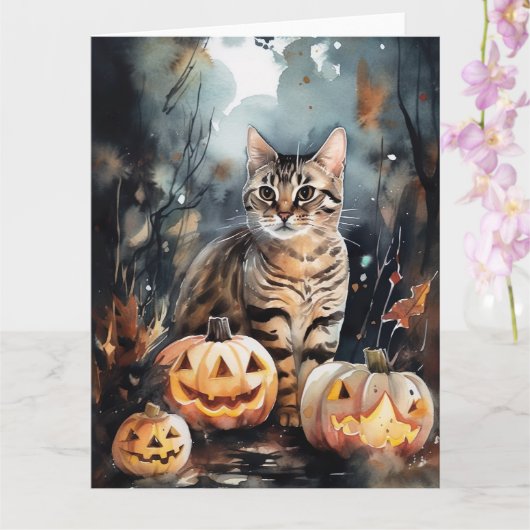 Carte Chat Bengal Halloween avec citrouilles épouvantabl (Orchidée)