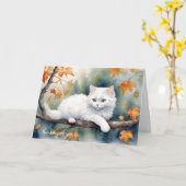 Carte Chat blanc à l'automne part pour la pensée de vous (Fleur jaune)