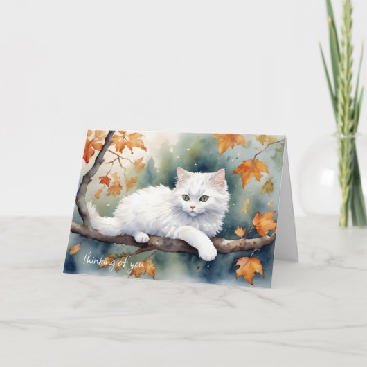 Carte Chat blanc à l'automne part pour la pensée de vous (Devant)