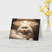 Carte Chat Blanc Anniversaire Assis Dans Un Lamplificate (Fleur jaune)