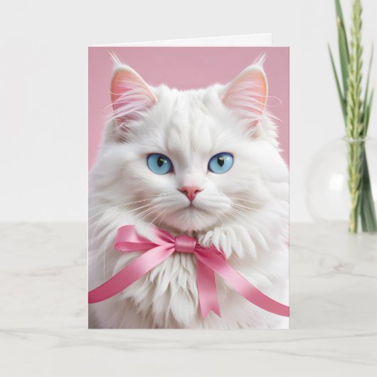 Carte Chat Blanc Anniversaire Avec Bow (Devant)