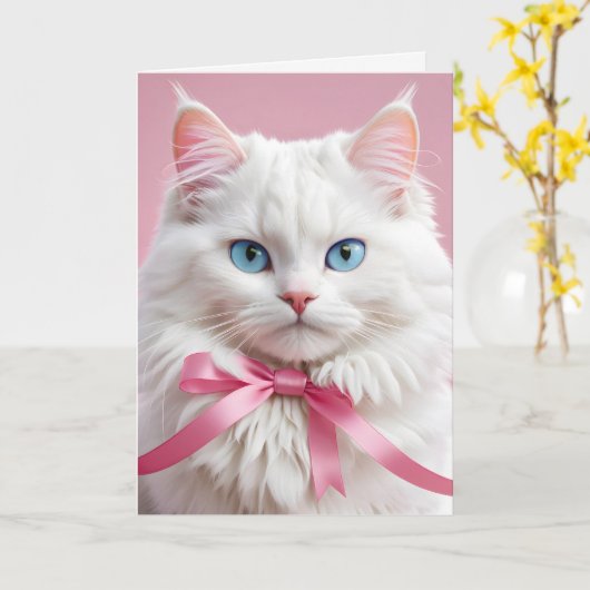 Carte Chat Blanc Anniversaire Avec Bow (Fleur jaune)