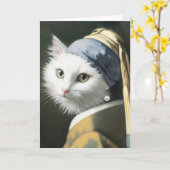 Carte Chat Blanc Anniversaire Avec Peinture À La Perle (Fleur jaune)