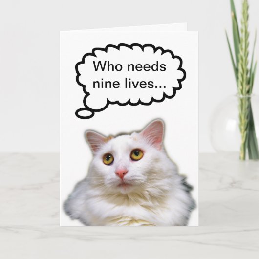 Carte Chat Blanc Anniversaire Neuf Vies (Devant)