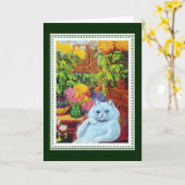 Carte Chat blanc anthropomorphique encadré de fleurs jau (Fleur jaune)