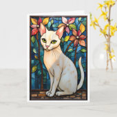 Carte Chat blanc aux fleurs de style vitrail (Fleur jaune)