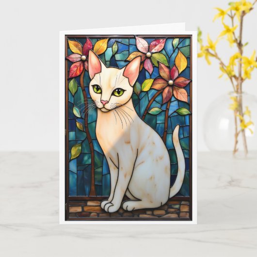 Carte Chat blanc aux fleurs de style vitrail (Fleur jaune)