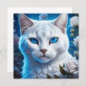 Carte Chat blanc aux yeux bleu clair Floral (Devant / Derrière)
