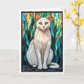 Carte Chat blanc aux yeux verts de style vitrail (Fleur jaune)