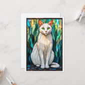 Carte Chat blanc aux yeux verts de style vitrail (Devant/Arrière en situation)
