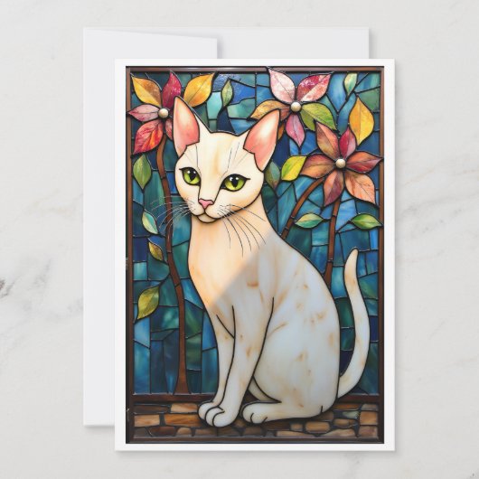Carte Chat blanc avec fleurs à plat de style vitrail (Devant)