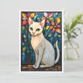 Carte Chat blanc avec fleurs à plat de style vitrail (Debout devant)