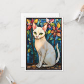 Carte Chat blanc avec fleurs à plat de style vitrail (Devant/Arrière en situation)