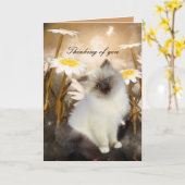 Carte Chat Blanc Chatons Fleurs "En pensant à vous (Fleur jaune)