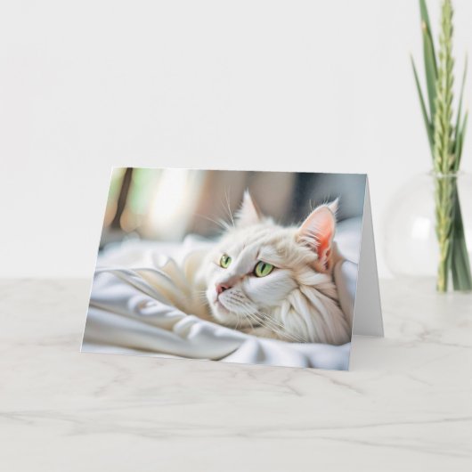 Carte Chat Blanc Dans Le Lit Penser À Vous (Devant)