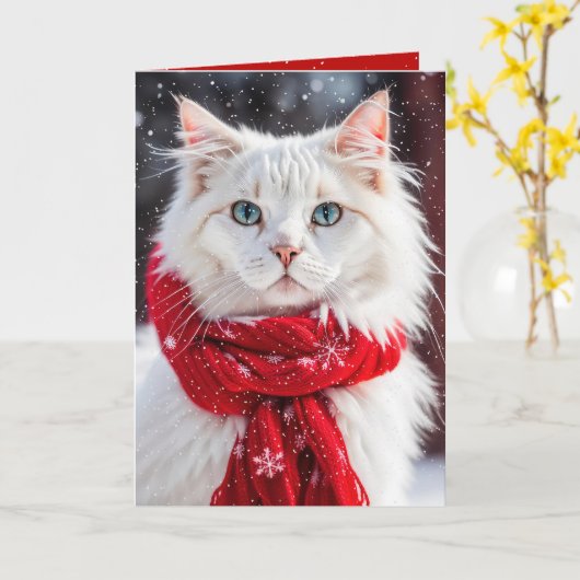 Carte Chat blanc de Noël avec Écharpe rouge (Fleur jaune)