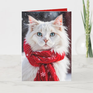 Carte Chat blanc de Noël avec Écharpe rouge