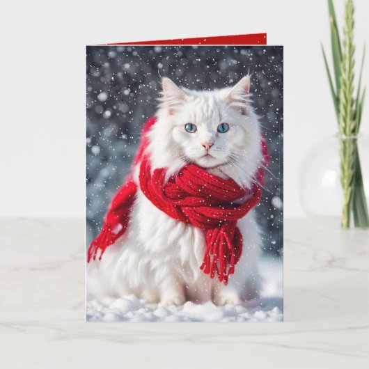 Carte Chat blanc de Noël avec Écharpe rouge (Devant)