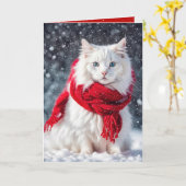 Carte Chat blanc de Noël avec Écharpe rouge (Fleur jaune)