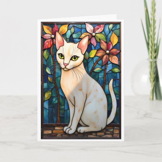 Carte Chat blanc de style vitrail avec des fleurs (Devant)