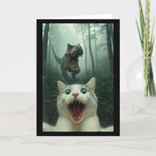 Carte Chat blanc drôle selfie avec T-rex dinosaure, chat