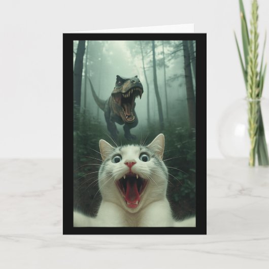 Carte Chat blanc drôle selfie avec T-rex dinosaure, chat (Devant)