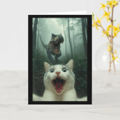 Carte Chat blanc drôle selfie avec T-rex dinosaure, chat (Fleur jaune)