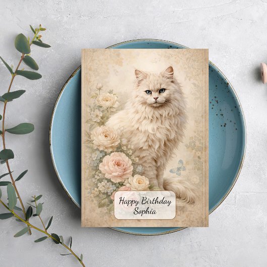 Carte Chat Blanc Fluffy avec des Roses