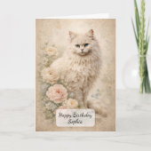 Carte Chat Blanc Fluffy avec des Roses (Devant)