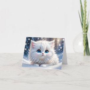 Carte Chat blanc mignon et duveteux aux yeux bleus, cart