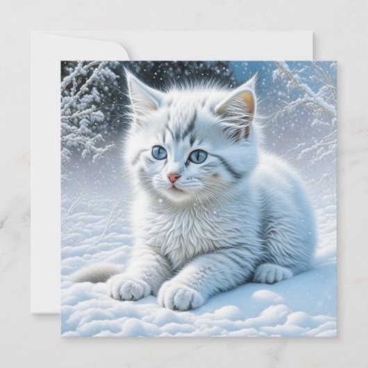 Carte Chat blanc mignon jouant dans la neige (Devant)