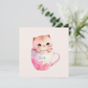 Carte Chat blanc-rose mignonne dans une tasse de thé (2)