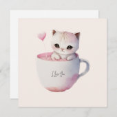Carte Chat blanc-rose mignonne dans une tasse de thé (4) (Devant / Derrière)