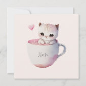 Carte Chat blanc-rose mignonne dans une tasse de thé (4) (Devant)