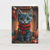 Carte Chat Bleu Oriental Avec Cheminée De Cadeau De Noël (Devant)