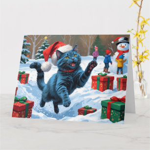 Carte Chat Bleu Russe Courant dans la Neige avec un Chap