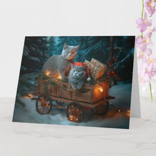 Carte Chat Bleu Russe Sleigh Neigeux Décor Noël (Orchidée)
