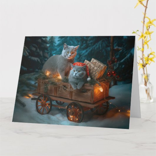 Carte Chat Bleu Russe Sleigh Neigeux Décor Noël (Fleur jaune)