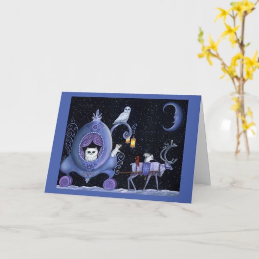 Carte Chat Blue Carriage Hivernal Chouette Neige Blanc C (Fleur jaune)