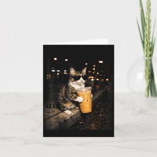 Carte Chat buvant un café glacé mème animal drôle rétro