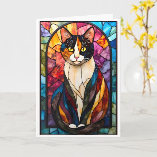 Carte Chat calico charmant de style vitrail (Fleur jaune)